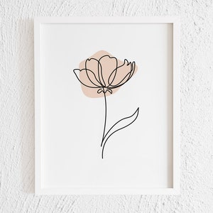 Flower Doodle with Neutral Color Print.  Minimalist Flower Wall Line Art. Abstract Plant Drawing Decor. Magnolia Illustration Balcony Decor