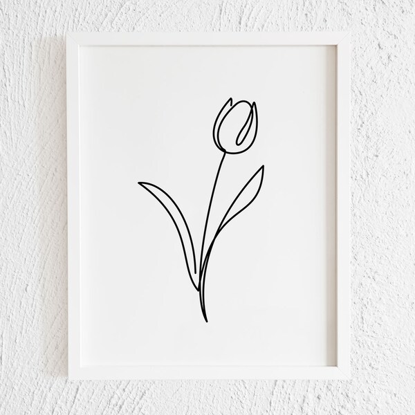 Modern Tulip Print.  Minimalist Flower Wall Art.  Tulip One Line Art Doodle. Abstract Plant Drawing Decor. Black and White Flower