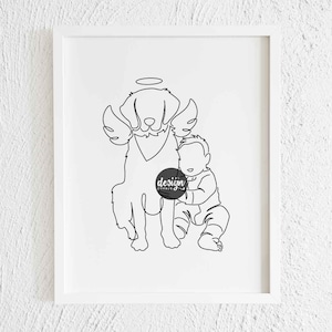 Baby Hugs Golden Retriever Angel Line Art Print. Printable Modern Labrador Toddler Doodle Wall Decor Minimalist Dog Pet Drawing Illustration