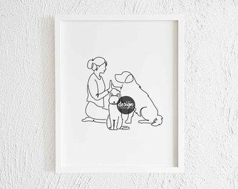 Woman High Five Golden Labrador Retriever Cat Line Art Print. Printable Modern Girl Doodle Drawing Decor Minimalist Dog Profile Illustration