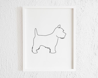 West Highland Terriër doodle afdrukken. Minimalistisch afdrukbaar Westie-wanddecor. Moderne hond tekening kunst illustratie. Woonkamer muurgalerij