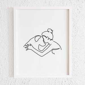 Girl with Top Knot and Labrador Retriever line Art Drawing Print. Printable Modern Hair Bun Woman Lab Doodle. Minimalist Dog Illustration