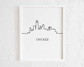 Impresión de garabatos del horizonte de Chicago. Dibujo minimalista de una línea con vistas a la ciudad de Illinois. Arte lineal moderno de Estados Unidos.