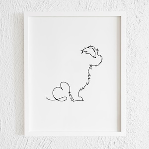 Teacup Yorkie with Heart Line Art Print. Printable Dog Profile Doodle Drawing with a Heart Wall Decor. Minimalist Puppy Illustration Sketch