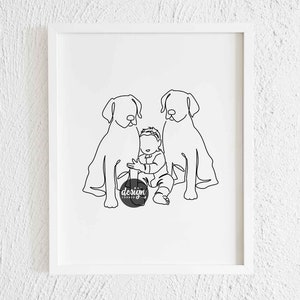 Baby Girl Hugs 2 Labradors Line Art Print. Printable Modern Labrador Retriever Toddler Doodle Decor. Minimalist Dog Pet Drawing Illustration