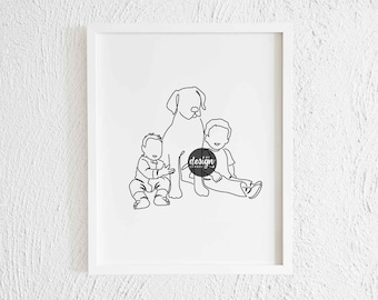 Baby Toddler Boy with Labrador Line Art Print. Printable Modern Labrador Retriever Doodle Wall Decor. Minimalist Dog Drawing Illustration