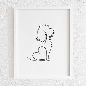May include: A black and white line drawing of a dog sitting with its tail curled into a heart shape.