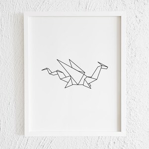 Impresión de dibujo de dragón de papel. Decoración de pared con garabatos geométricos minimalistas imprimibles. Arte lineal abstracto de dragón de papel moderno. Impresión digital