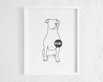 Pitbull Sit Position One Line Art Print. Printable Black and White Modern Pittie Pet Doodle Wall Decor. Minimalist Dog Drawing Illustration