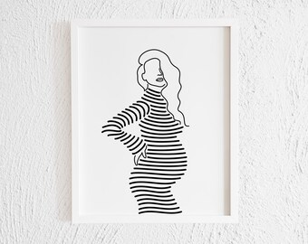 Pregnant Woman with Striped Dress Doodle Print. Minimalist Female Body Art. Printable Pregnancy. Woman Silhouette Illustration. Drawing