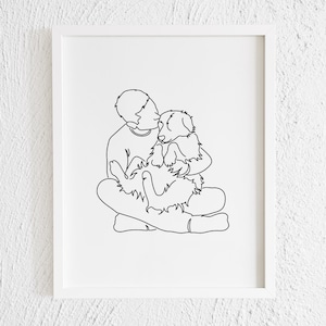Man Hugging Australian Shepherd Line Art Drawing Print. Printable Modern Boy Border Collie Dog Doodle Wall Decor Minimalist Pet Illustration