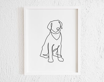 Labrador Retriever with Bandana One line Drawing Print. Printable Modern Lab Doodle Wall Decor. Minimalist Dog Profile Line Art Illustration