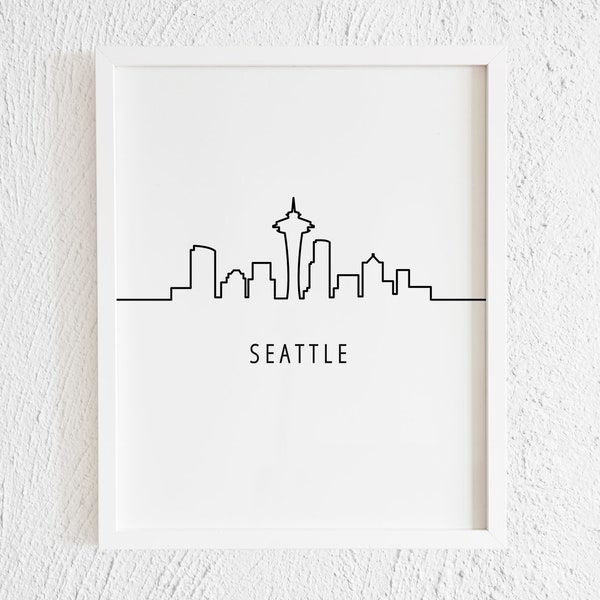 Seattle City Skyline Doodle Print. Minimalist Drawing One Line City Sight Home Wall Decor. Modern Black and White City Line Art Print.