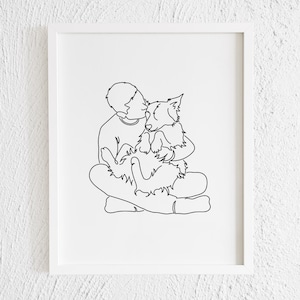 Man Hugging Border Collie Line Art Drawing Print. Printable Modern Boy Australian Shepherd Dog Doodle Wall Decor Minimalist Pet Illustration