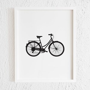Stampa silhouette di bicicletta. Decorazione murale minimalista in bianco e nero stampabile con bici. Galleria di disegni di bici moderna. Download immediato