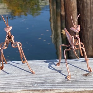 May include: Two copper praying mantis sculptures on a wooden surface. The sculptures are made of wire and have a realistic appearance.