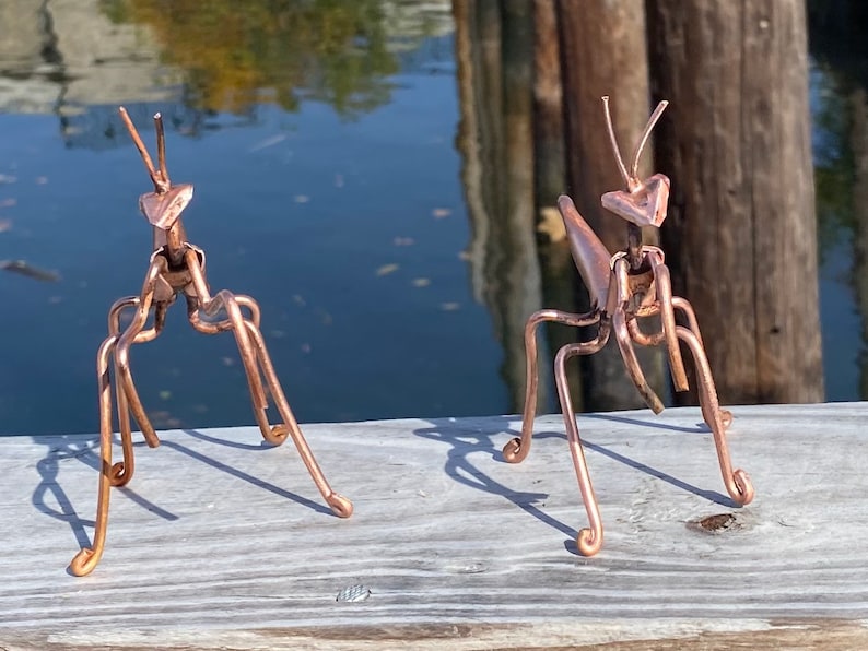 May include: Two copper praying mantis sculptures on a wooden surface. The sculptures are made of wire and have a realistic appearance.