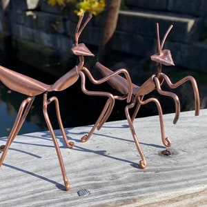 May include: Two copper metal praying mantis sculptures on a wooden surface. The mantises are posed in a lifelike manner with their legs outstretched.