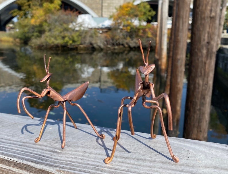 May include: Two copper-colored metal praying mantis sculptures. The sculptures are detailed and have a realistic appearance. The sculptures are on a wooden surface.