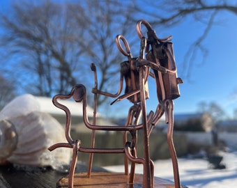 Copper Art Figurine of a Couple hiking / Backpacking with a Dog