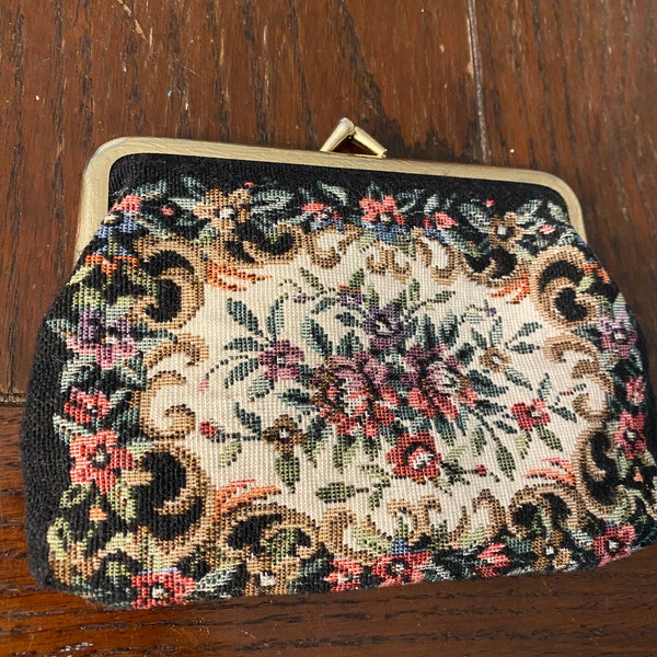 1960s Vintage Handmade Coin Purse Evening Clutch Floral Tapestry