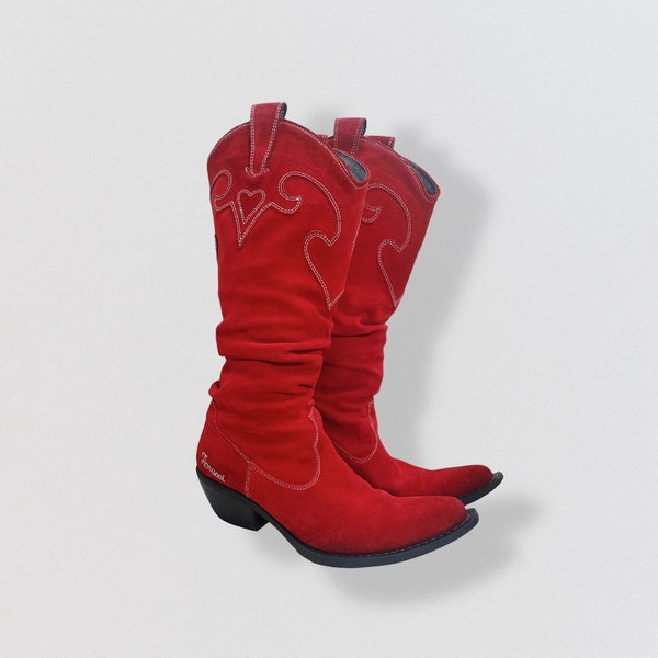 FIORUCCI Red suede leather cowboy boots with heart pattern vintage 80’s