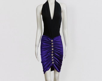 ANGELO TARLAZZI bodycon backless dress with purple draped satin silk skirt and decorative gold buttons vintage 80s