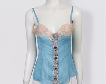 DOLCE & GABANNA blue Silk Chiffon, Beige Valencian lace and tweed Camisole vintage 2000