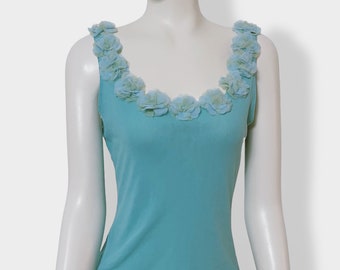 MOSCHINO JEANS vintage 90s Turkusowo-niebieski top z siateczki w kwiaty