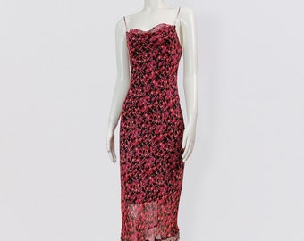 BETSEY JOHNSON abstract printed pink silk midi slip dress embellished with pearls fringes vintage 2000