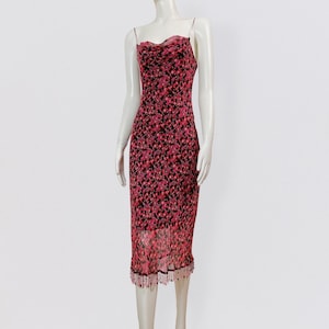 BETSEY JOHNSON abstract printed pink silk midi slip dress embellished with pearls fringes vintage 2000