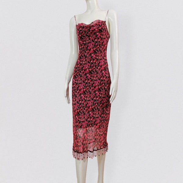 BETSEY JOHNSON abstract printed pink silk midi slip dress embellished with pearls fringes vintage 2000