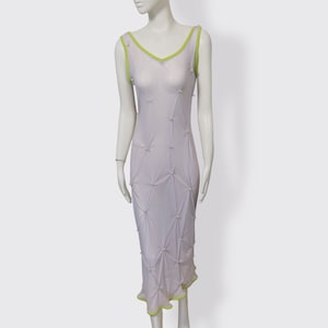 DIMITRIS TSOUANATOS vintage 80s Semi transparent long mesh dress decorated with white pearls and acid Green bordered