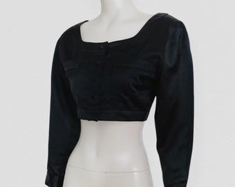 LOLITA LEMPICKA – Black satin square neck crop blouse with long sleeves