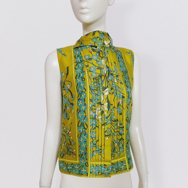 EMILIO PUCCI green satin silk with floral print sleeveless blouse vintage 80s