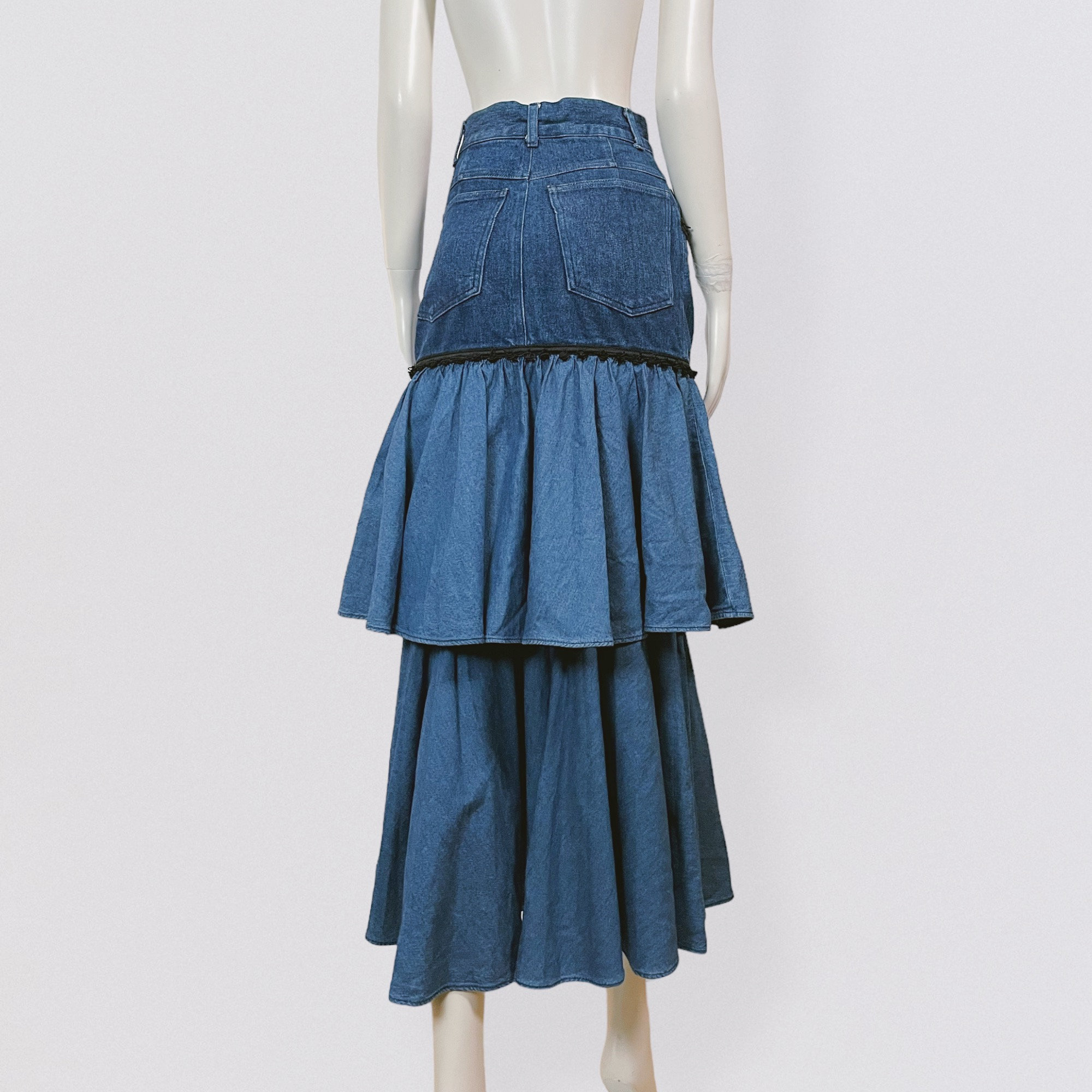 MOSCHINO 1987 Maxi Mermaid Denim Skirt With Ruffles Embellished