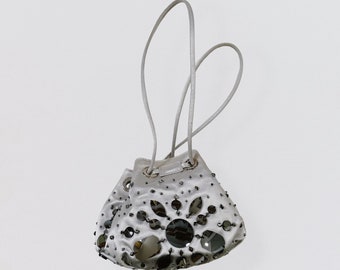 DOLCE AND GABANNA - Mini purse bag in pearl gray satin embellished with mirror-effect pearls