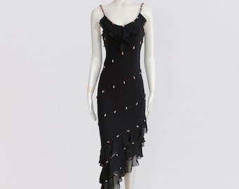 LUISA SPAGNOLI – Black silk asymmetrical midi dress embelished with rosebud and mini black pearls