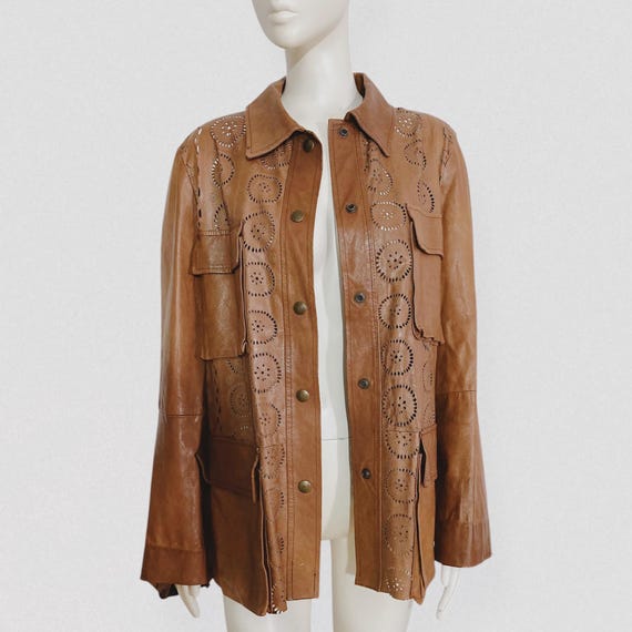 MARIELLA BURANI – Brown leather shirt jacket with decorative cutouts