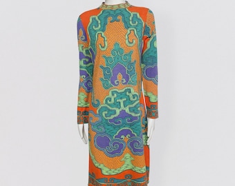 LEONARD orange wool midi dress with psychedelic print vintage 70s