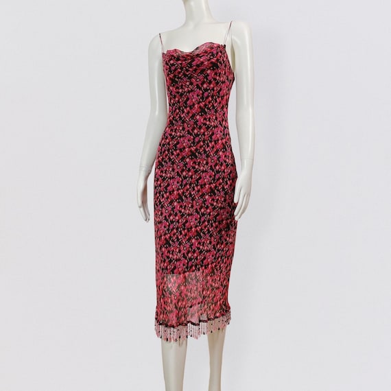 パーティードレス Silk Satin Rose Print Midi Dress Tropicana Pink Floral Satin Cross Over Halterneck Maxi Dress