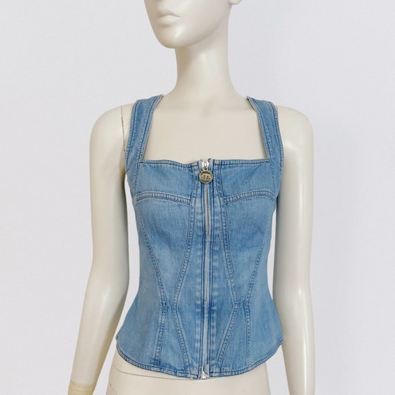 ◆2000Archives◆ Ice Denim Corset Top 1523FWTP03ID MTM MUGLER TRADEMARK – Light Blue Denim Corset Top With