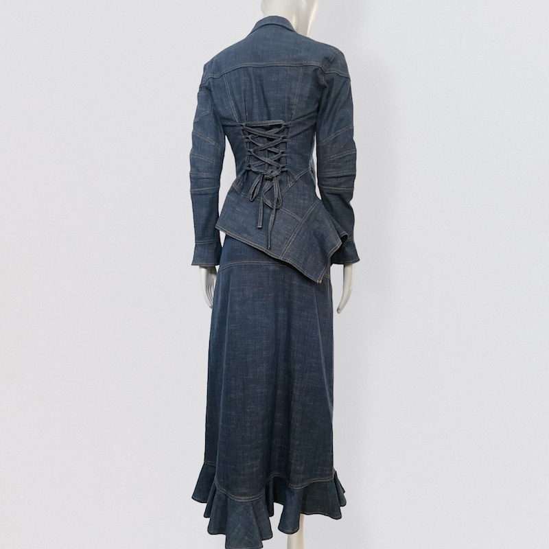 Two-Piece Denim Set with Cropped Jacket and Pleated Mini Skirt - Blue main image 0