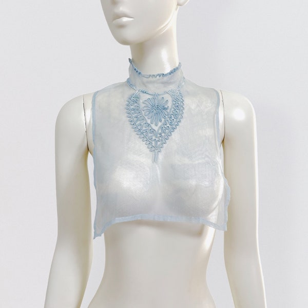 Antique sky blue sheer silk tulle embroidered high neck breastplate vintage 1900