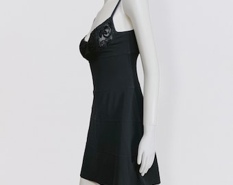 CAPUCINE PUERARI black mini stretch babydoll dress with lace cups and spaghetti straps vintage 90s Y2K