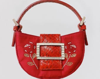 GIANFRANCO SISTI - Mini half-moon bag in wild silk and cherry red python effect leather embellished with rhinestone roses