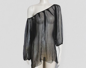BLU FIRENZE – Semi-sheer black silk balloon-sleeve blouse