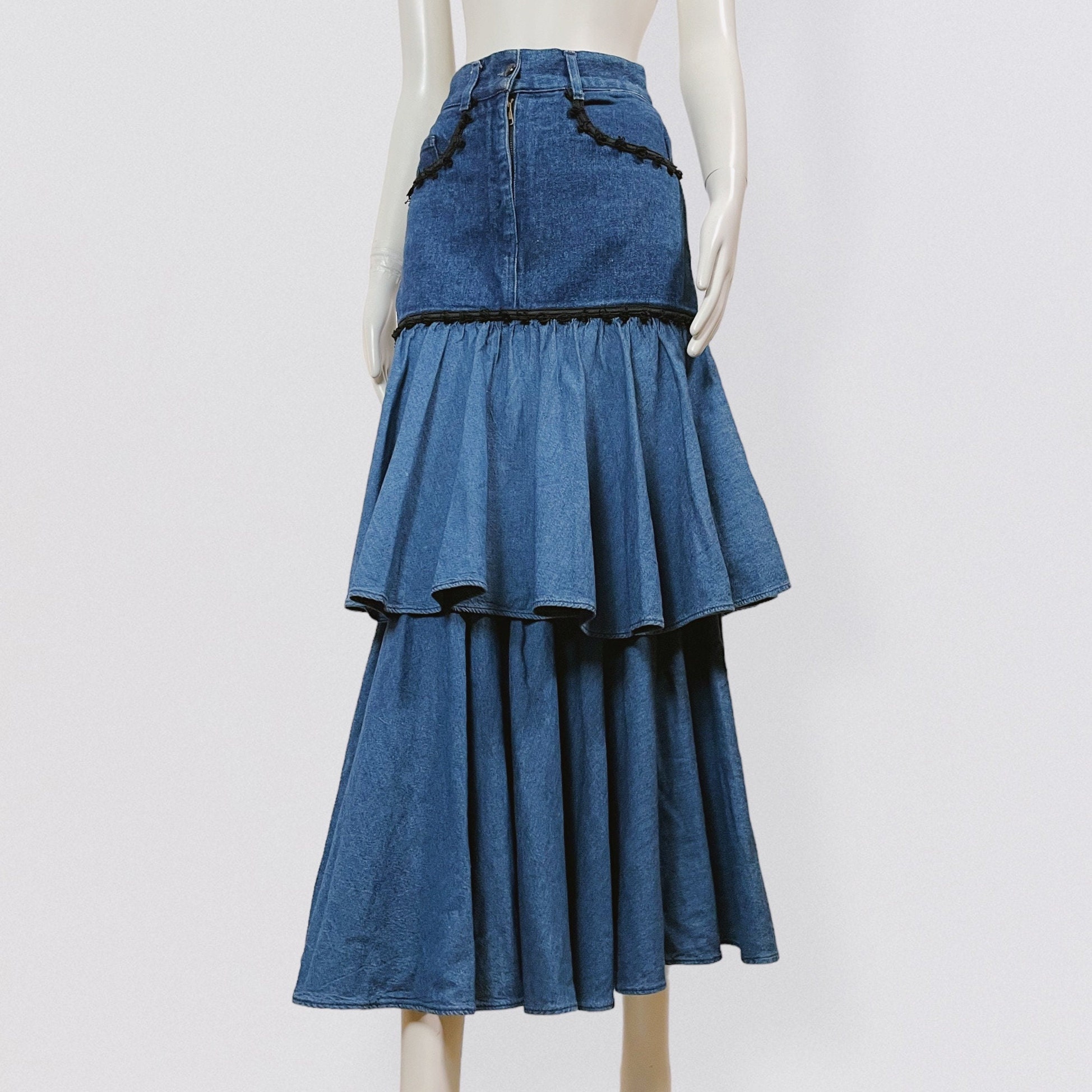 MOSCHINO 1987 Maxi Mermaid Denim Skirt With Ruffles