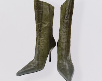 EMMANUEL UNGARO bottle green pointed heeled leather ankle boots with snake effect vintage 00s