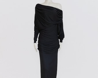 LORIS AZZARO – Black draped maxi dress with long sleeves